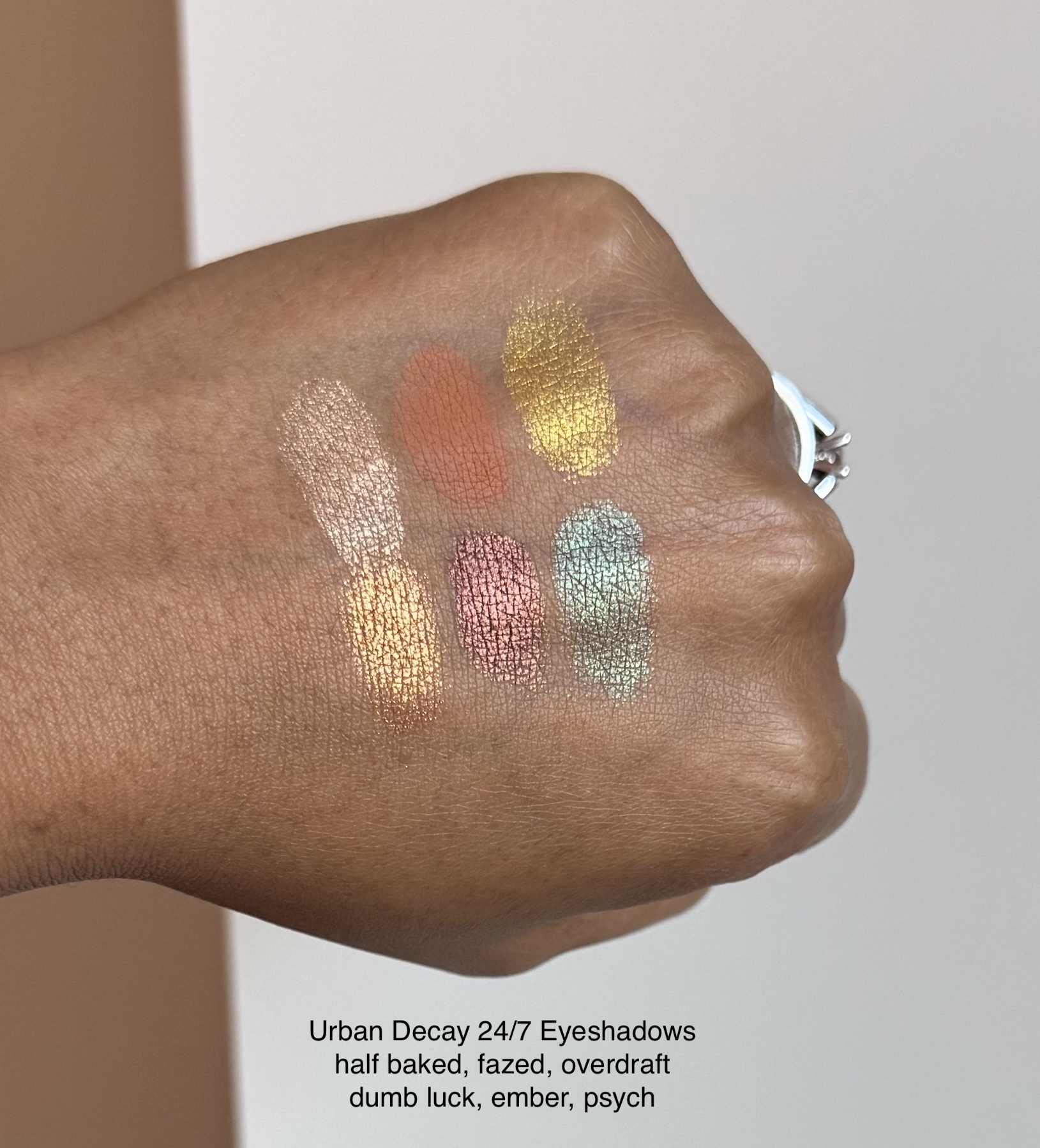 Urban Decay 24/7 Eyeshadows (Half Baked, Fazed, Overdraft, Dumb Luck, Ember, Psych) Swatches Medium Dark Skin