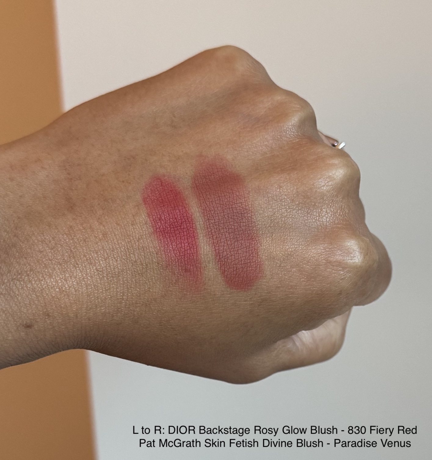 DIOR Backstage Rosy Glow Blush 830 Fiery Red and Pat McGrath Divine Blush Paradise Venus Swatches Medium Dark Skin
