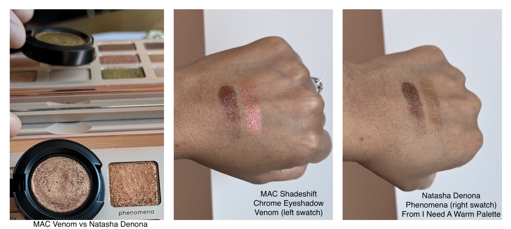 MAC Shadeshift Chrome Eyeshadow Venom vs Natasha Denona Phenomena (I Need A Warm Palette) Swatches