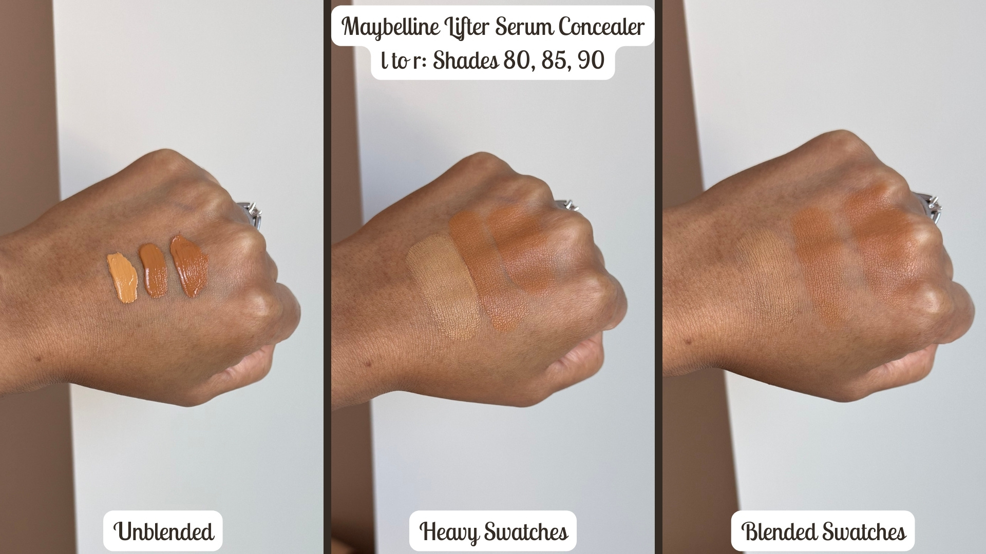 Maybelline LIfter Serum Concealers 80, 85, and 90 Swatches Medium Dark Skin