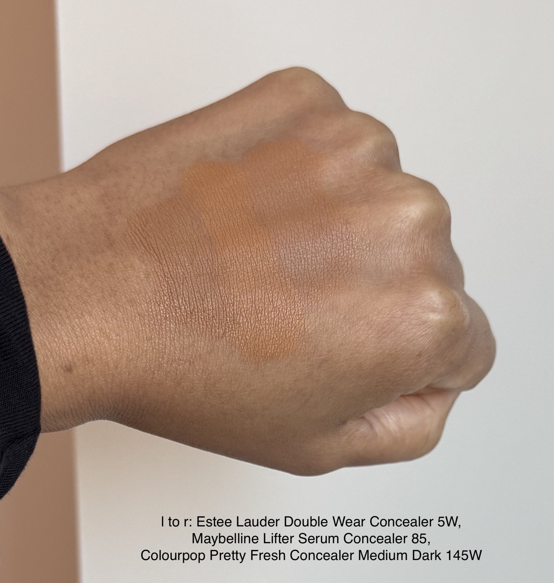 Estee Lauder Double Wear Concealer 5W, Maybelline Lifter Serum Concealer 85, Colourpop Pretty Fresh Concealer Medium Dark 145W Swatches Blended