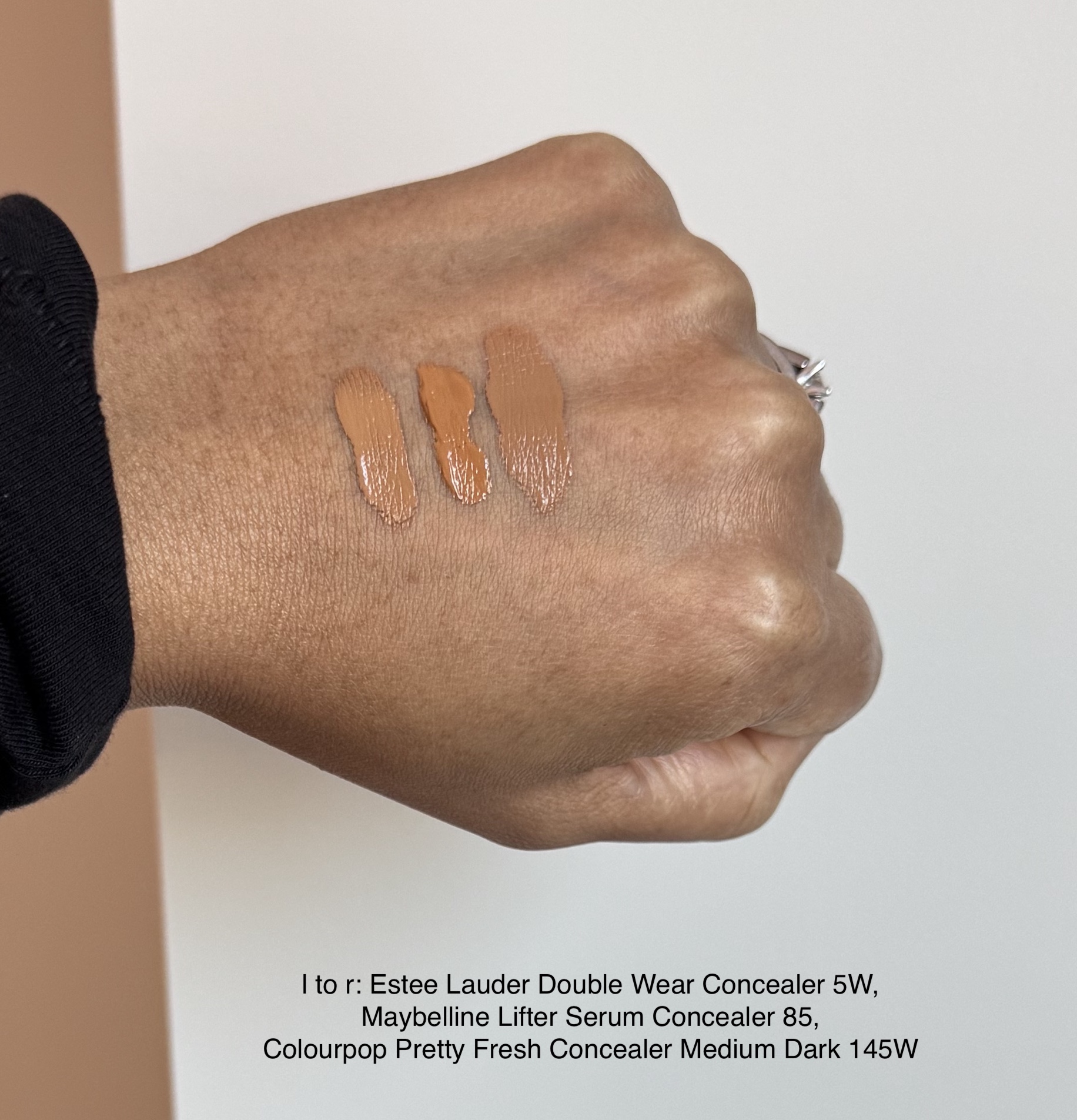Estee Lauder Double Wear Concealer 5W, Maybelline Lifter Serum Concealer 85, Colourpop Pretty Fresh Concealer Medium Dark 145W Swatches