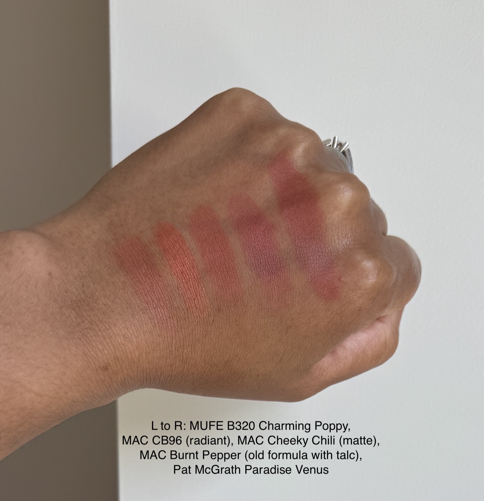MAC CB96 and Cheeky Chili Skinfinish Colourstruck Blush Swatches compared to MUFE B320, MAC Burnt Pepper, and Pat McGrath Paradise Venus