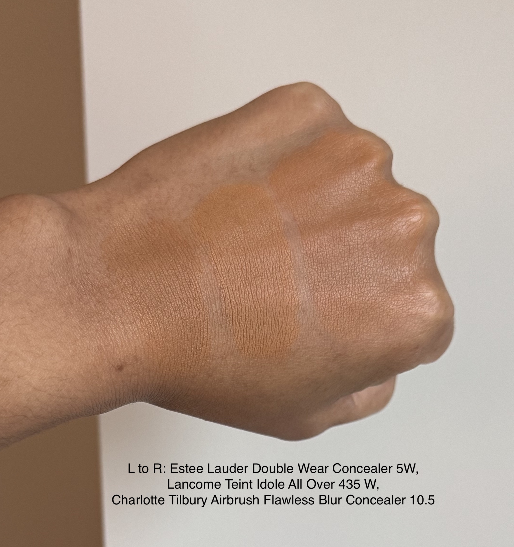 Charlotte Tilbury Airbrush Flawless Blur Concealer 10.5 Tan vs Lancome 435W vs Estee Lauder 5W Swatches Medium Dark Skin