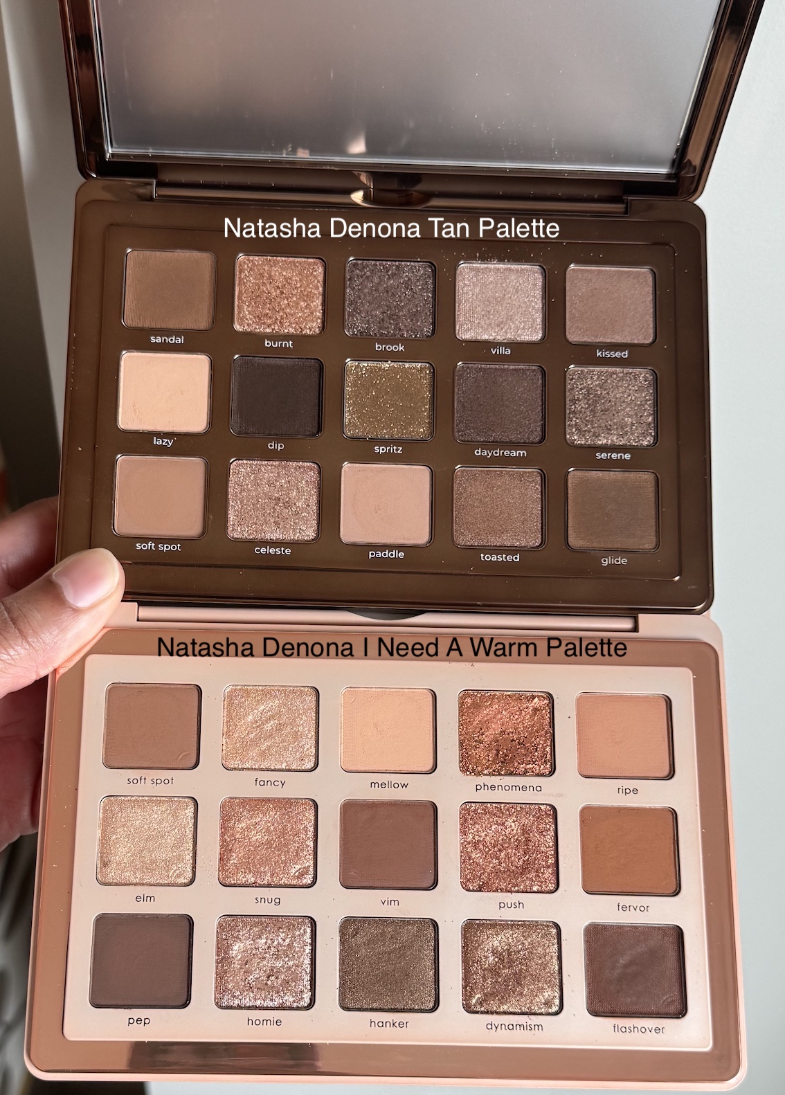 Natasha Denona Tan and I Need A Nude Eyeshadow Palette Swatches Compared