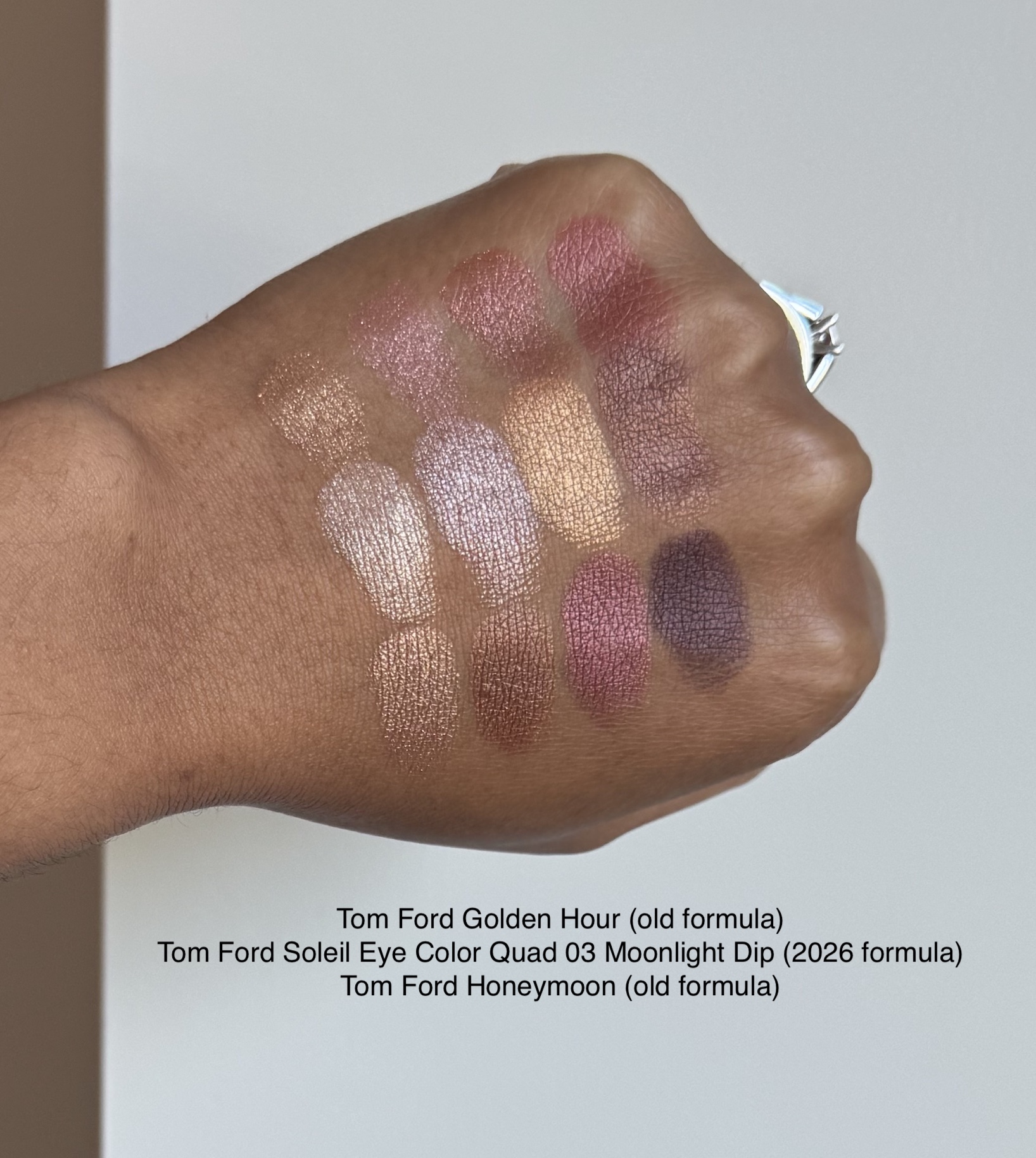 Tom Ford Soleil Eye Color Quad 03 Moonlight Dip vs Old Formula in Golden Hour and Honeymoon Swatches