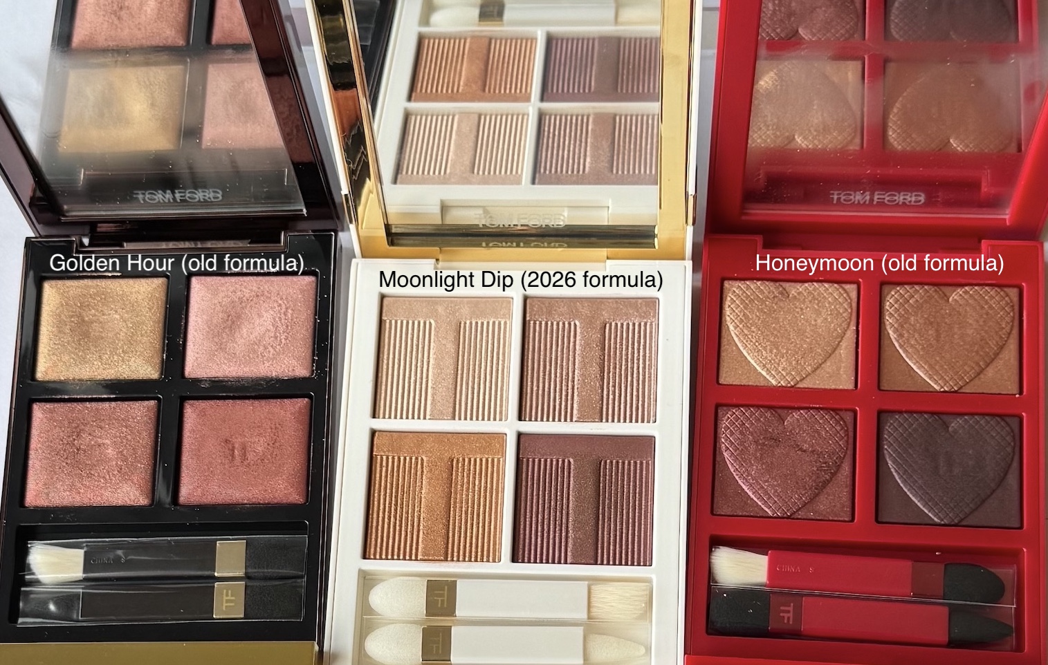 Tom Ford Soleil Eye Color Quad 03 Moonlight Dip vs Old Formula in Golden Hour and Honeymoon